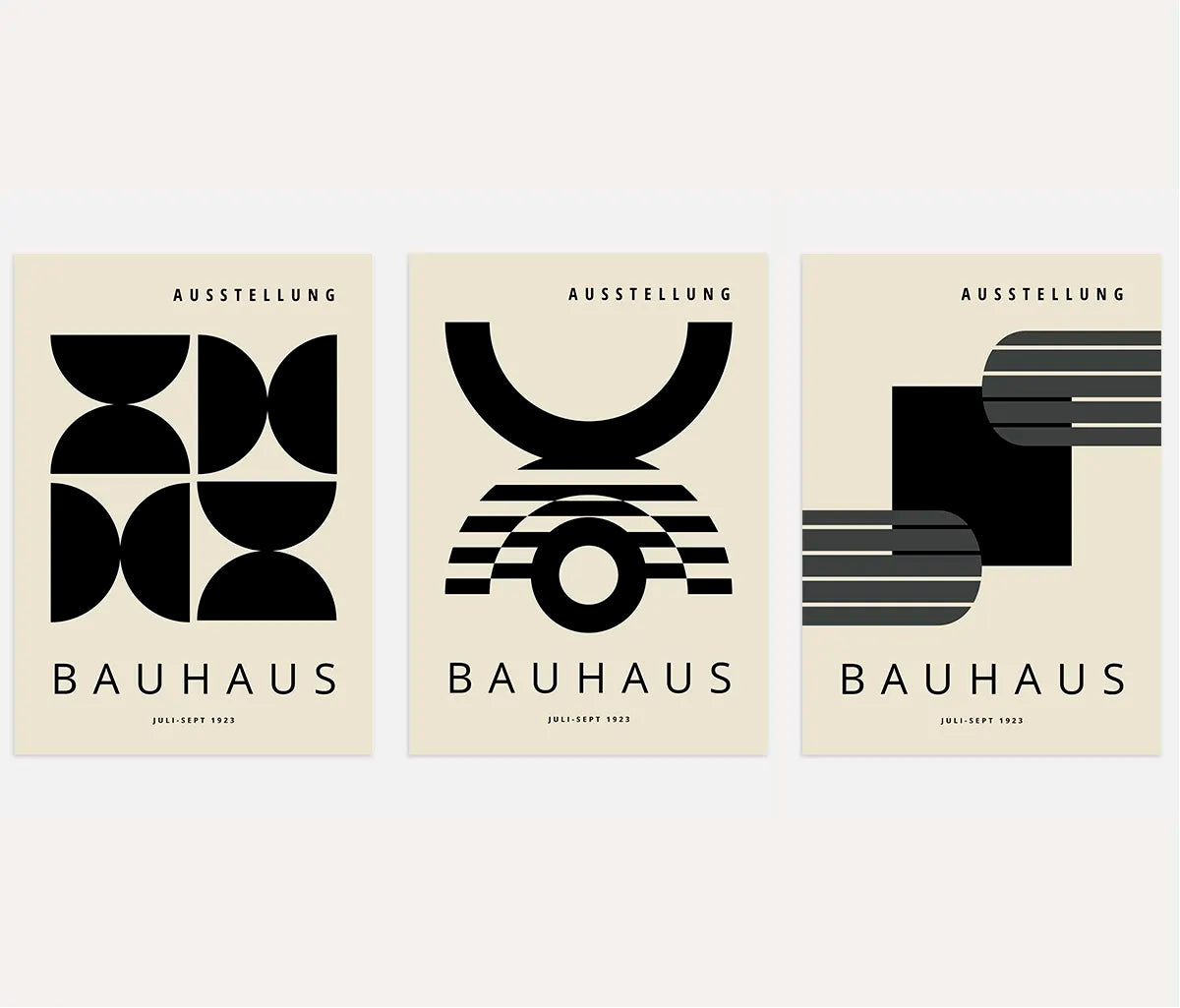 bauhaus poster set of 3 with black beige and olive geometric semicircles and bands