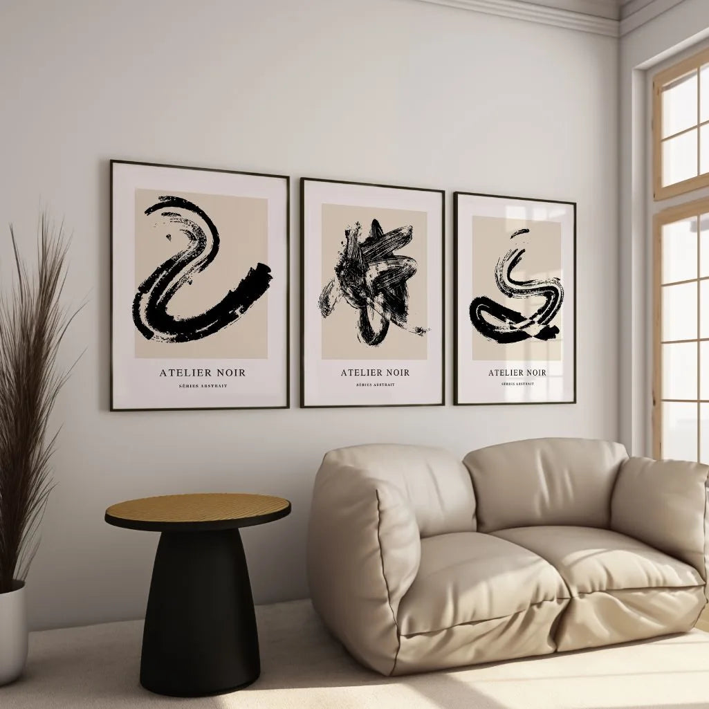 Expressive brushstroke poster set in black and beige for modern interior