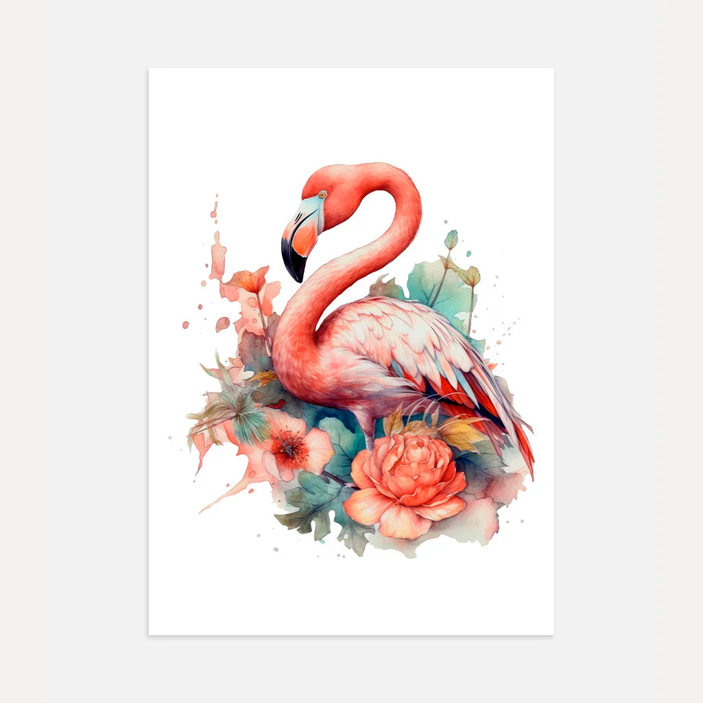 flamingo flowers poster watercolor wall art