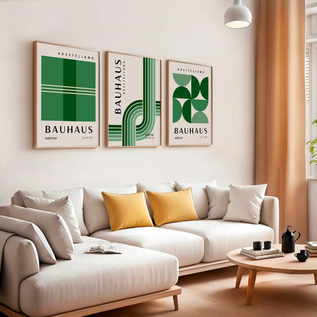 olive green and forest green bauhaus wall art set in modern living room