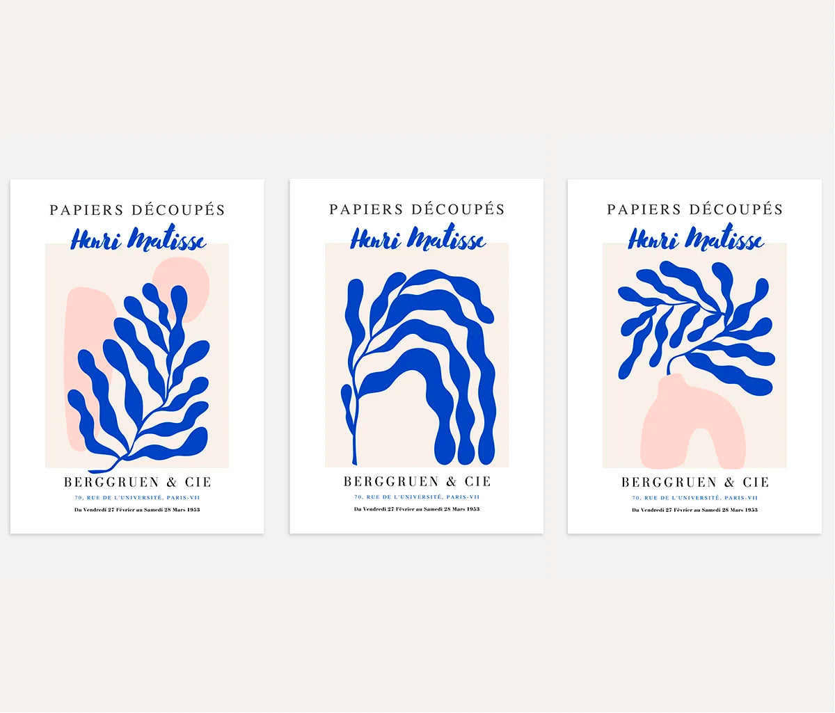 henri matisse poster set of 3 blue cut out shapes pink beige wall art