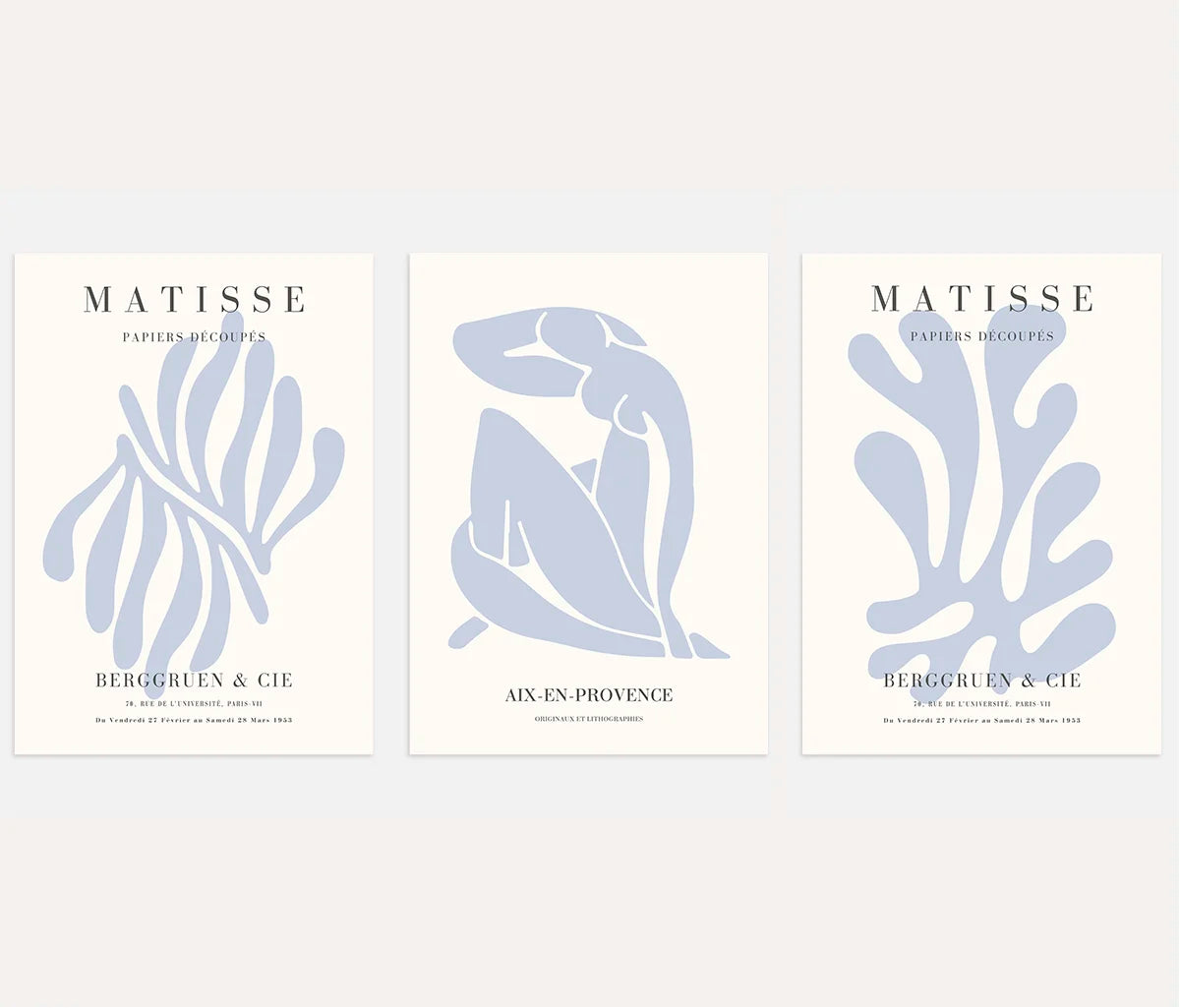 Henri Matisse blue silhouette poster set of 3 in soft blue and cream tones minimalist wall art