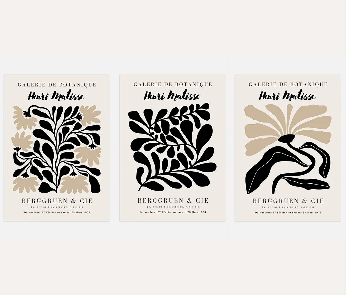 henri matisse poster set of 3 botanical rhythm beige black wall art