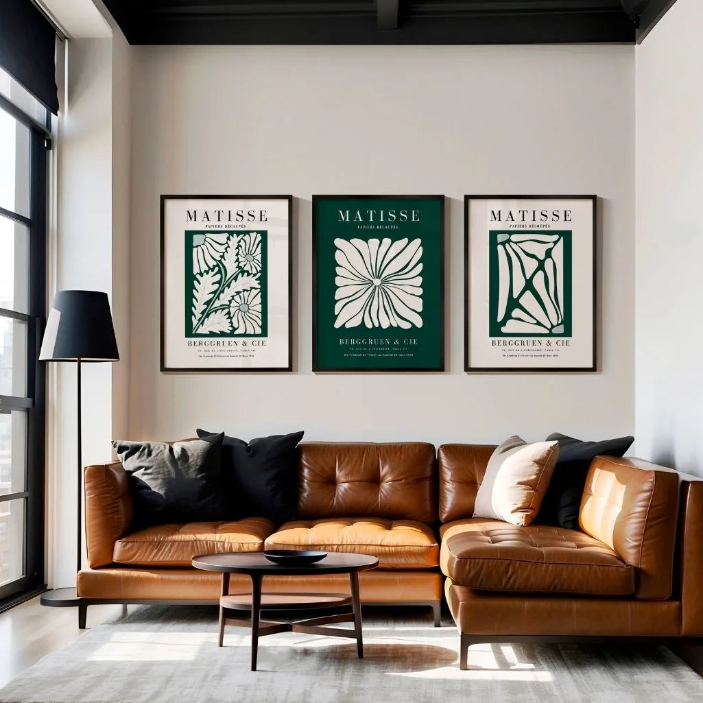 Henri Matisse abstract floral poster set of 3 in green tones for stylish wall decor