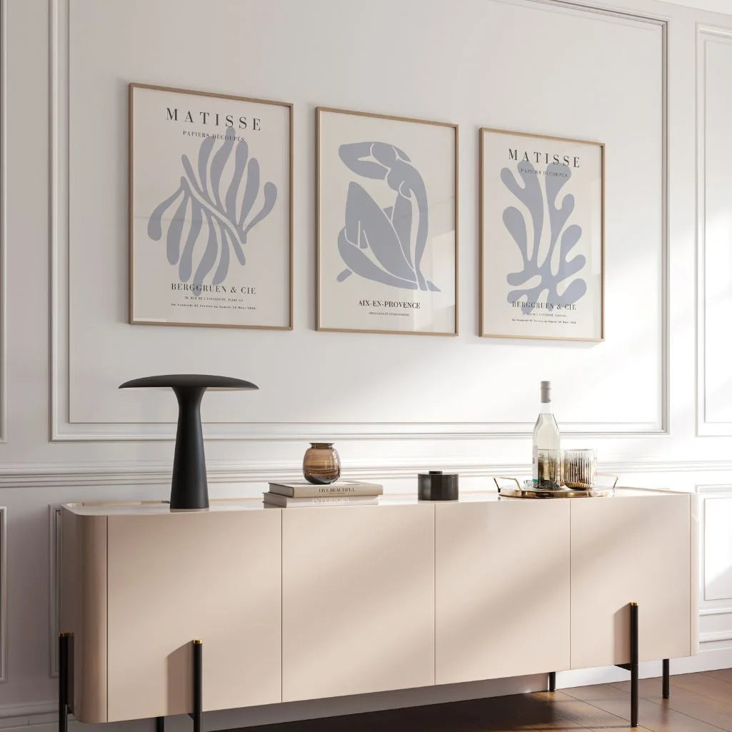 Henri Matisse minimal figure poster set in light blue tones for elegant wall decor
