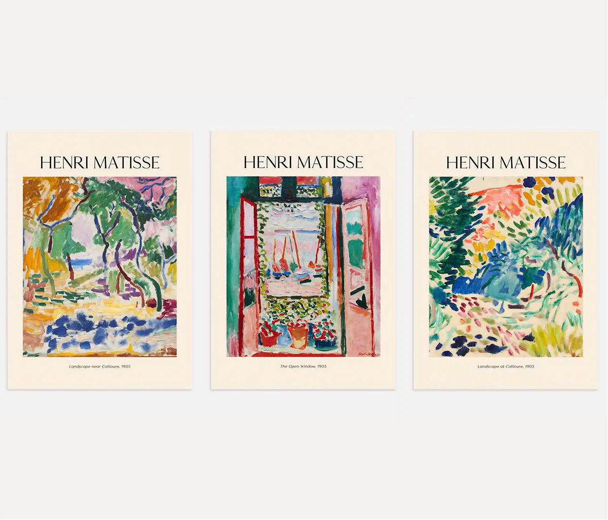 Henri Matisse The Open Window poster set of 3 with Collioure landscapes in vibrant Fauvism style