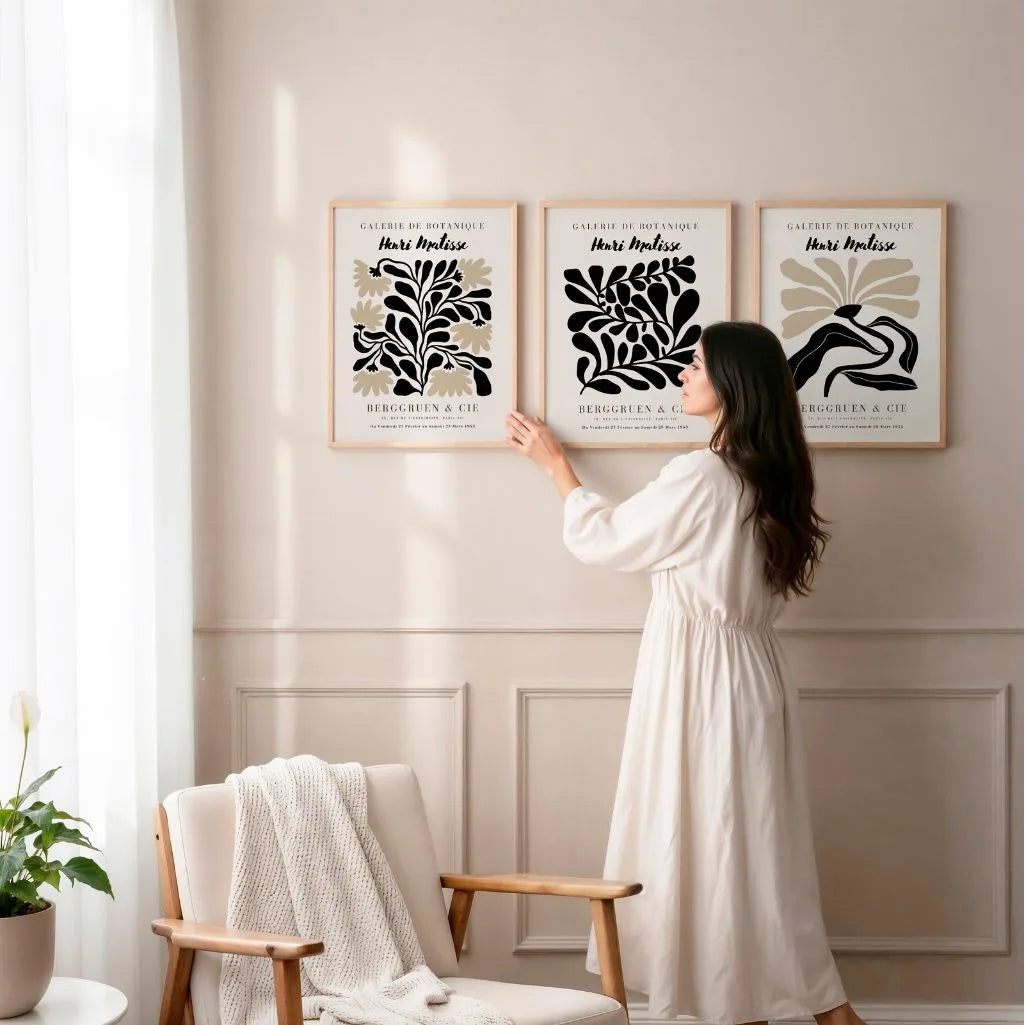 henri matisse botanical rhythm posters beige black bedroom interior