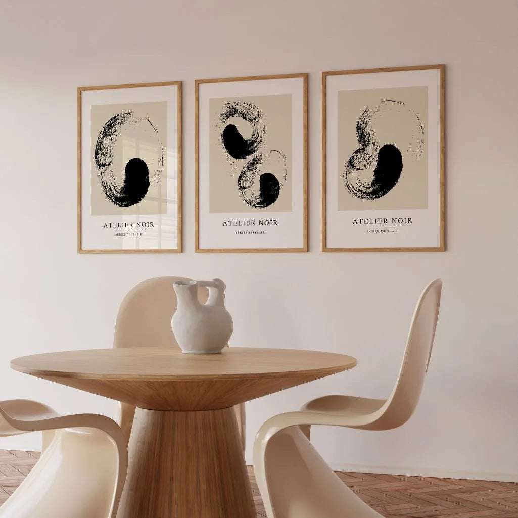 Japandi style ink art poster set in black and beige for minimalist interior