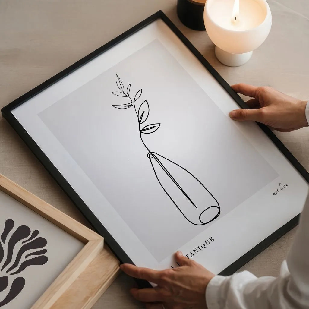 Close up of botanical line art poster showing delicate branch and clean lines