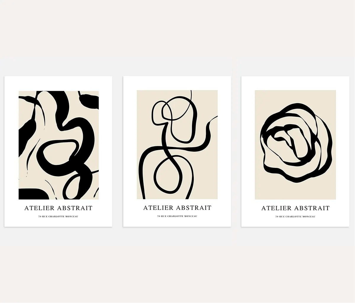Line art poster set with black and beige abstract shapes minimalist wall art