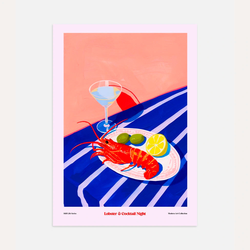 modern still life poster with lobster lemon and cocktail illustration