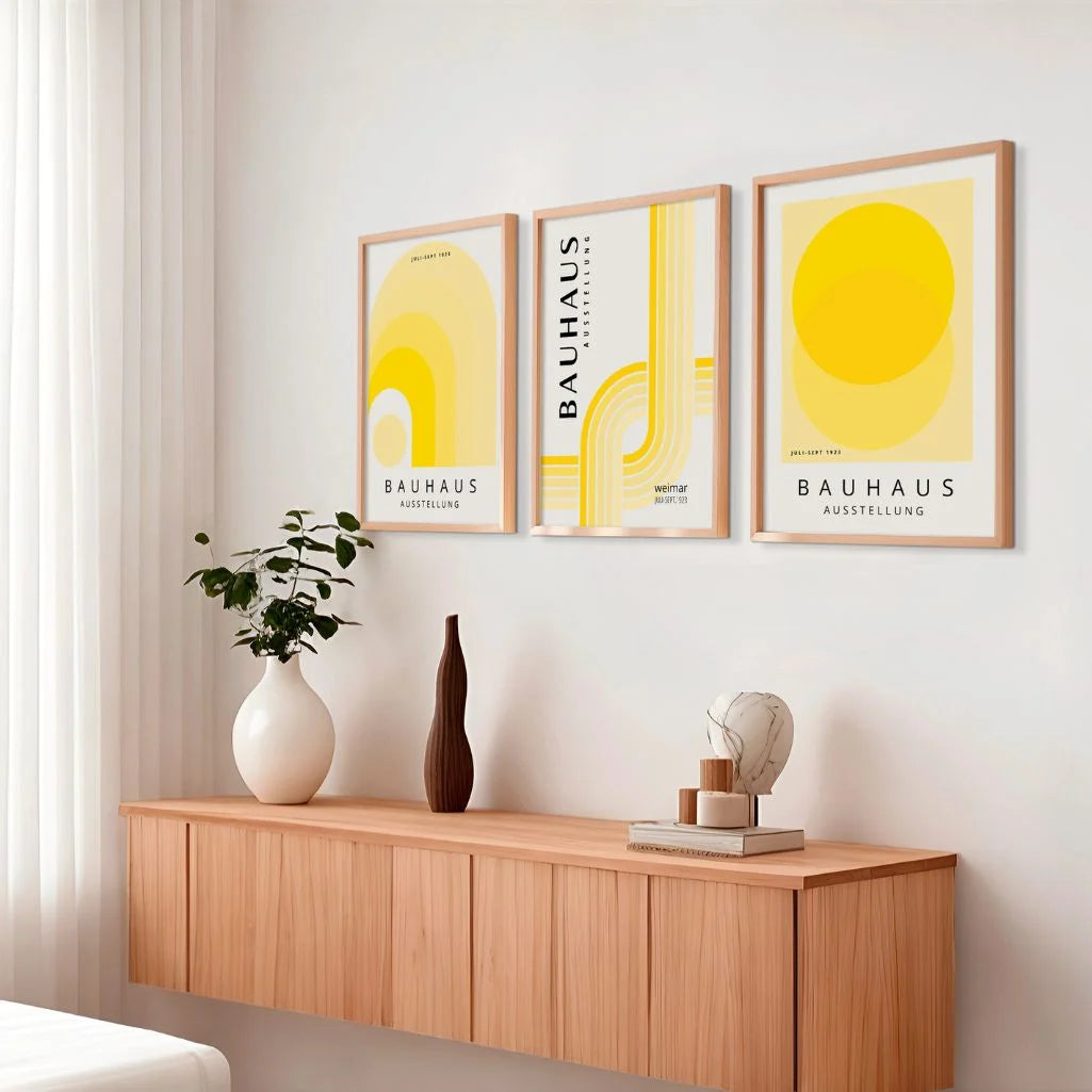 yellow bauhaus poster set with lemon and vanilla tones in modern dining area