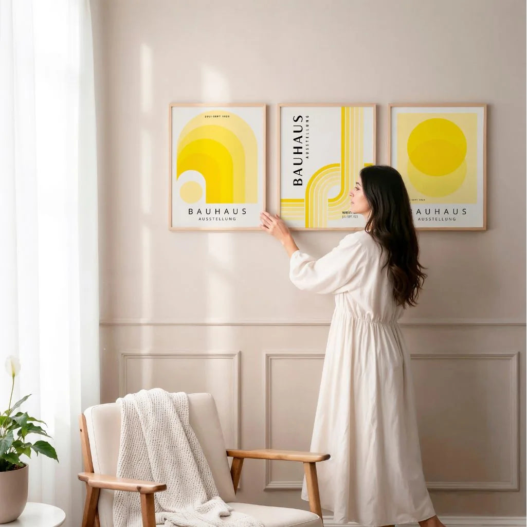 lemon yellow and vanilla bauhaus wall art set in bright modern kitchen