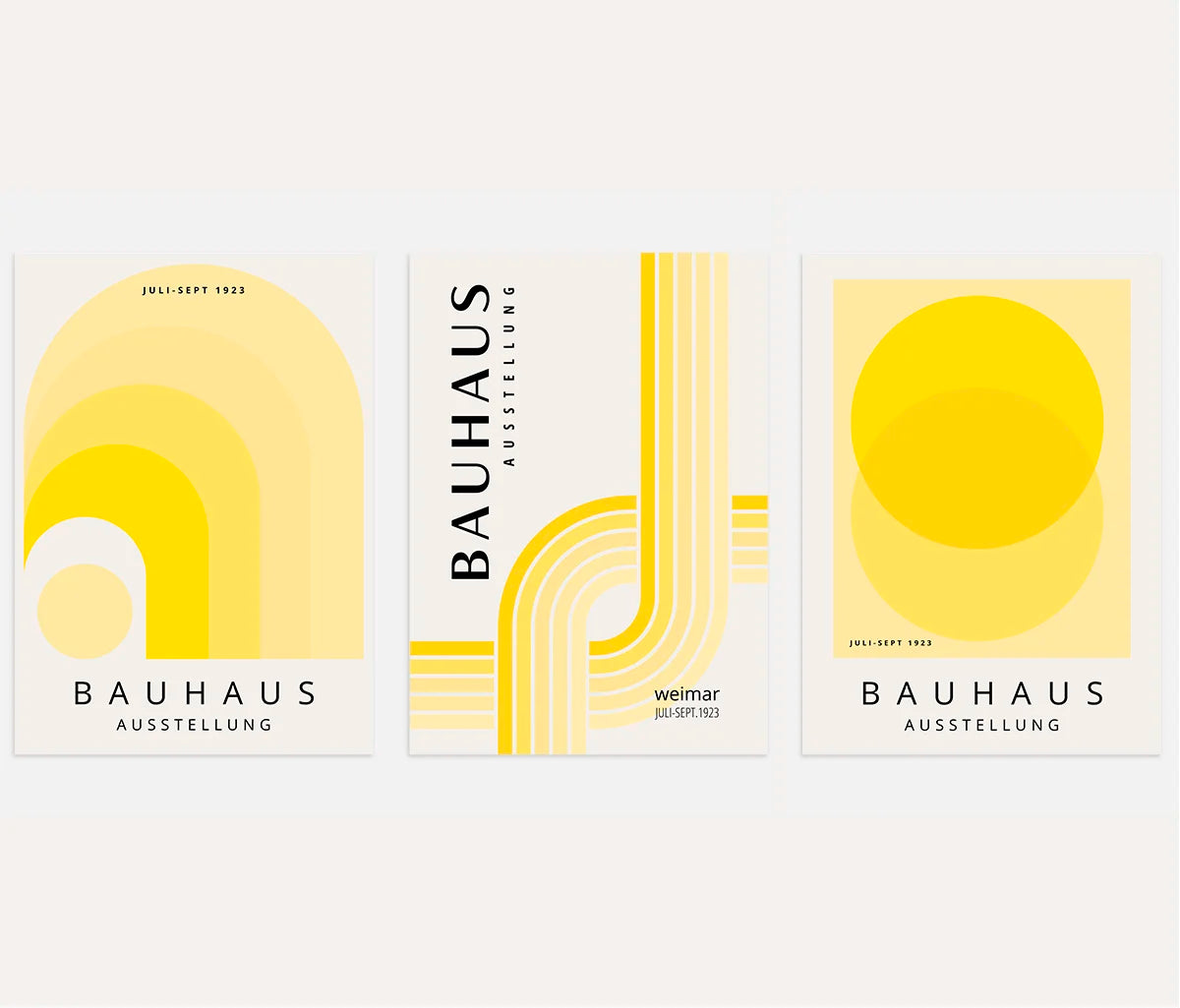 bauhaus poster set of 3 with lemon yellow and vanilla concentric arcs and vertical lines