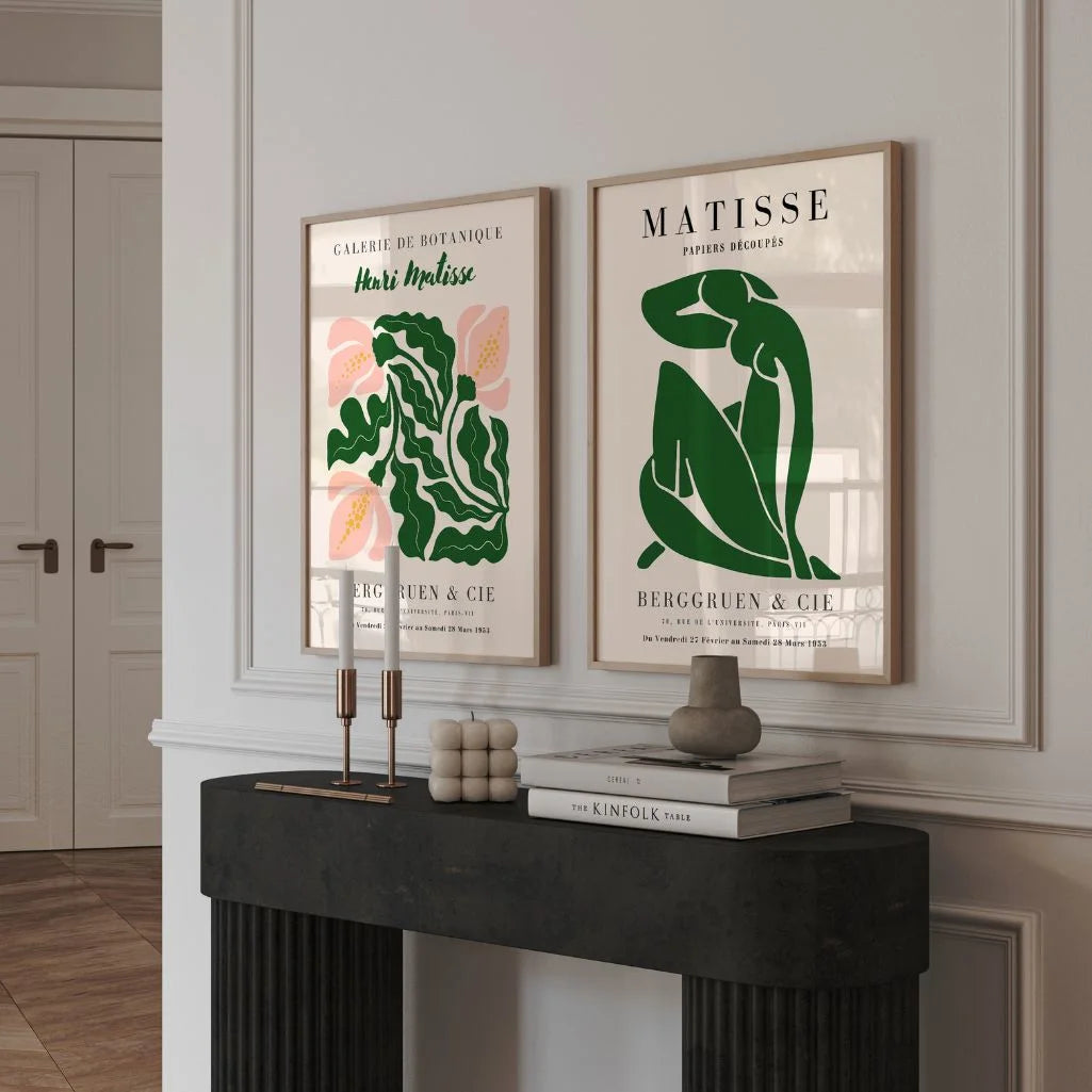 Close up of abstract green poster set showing soft shapes and muted modern tones