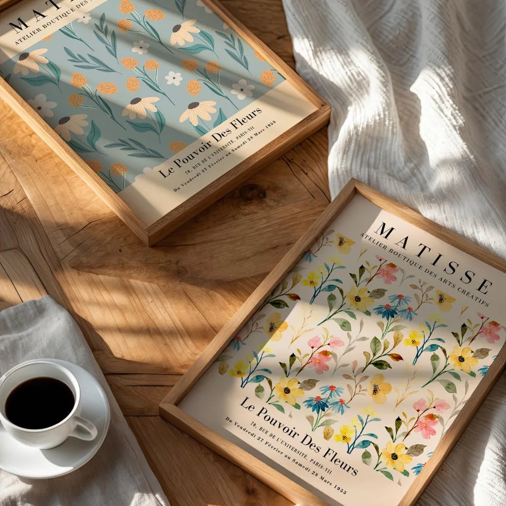 Matisse inspired meadow poster displayed in gallery wall with botanical prints