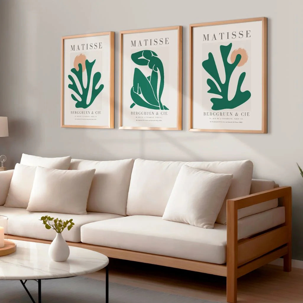 Henri Matisse mediterranean style poster set with green forms and terracotta sun for home decor