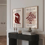 Close up of red abstract poster set showing bold shapes and color contrast