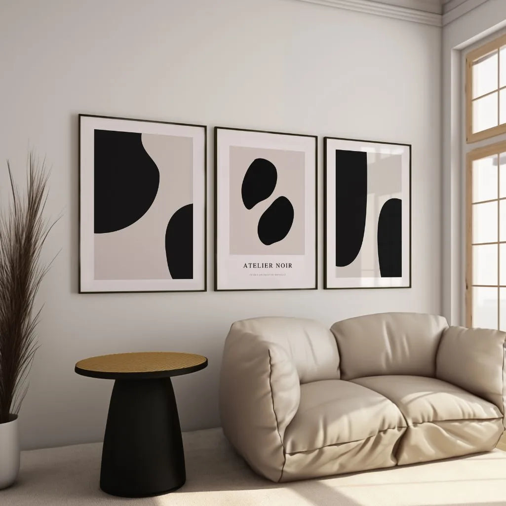 Minimalist black beige poster set with soft shapes for Japandi home decor