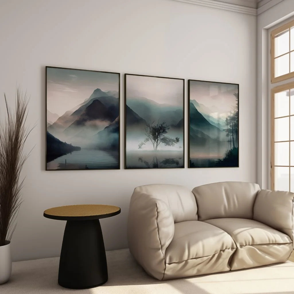 misty mountain poster set soft blue grey bedroom wall art relaxing nature