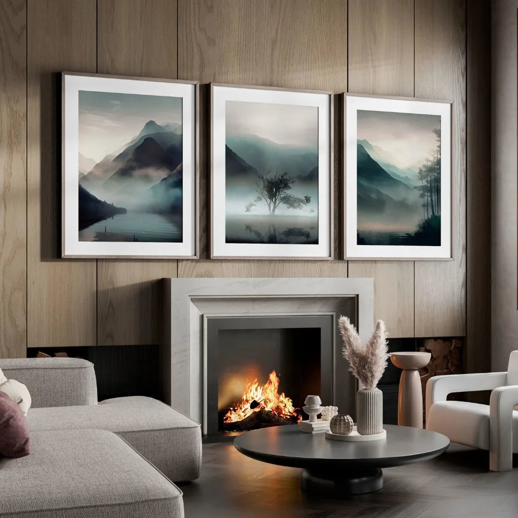 misty mountain landscape detail foggy nature poster blue grey tones