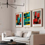 gallery wall abstract poster set of 3 in red turquoise yellow modern art prints for home decor