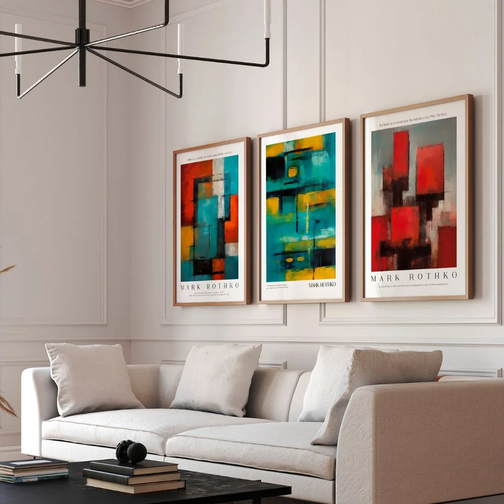 gallery wall abstract poster set of 3 in red turquoise yellow modern art prints for home decor