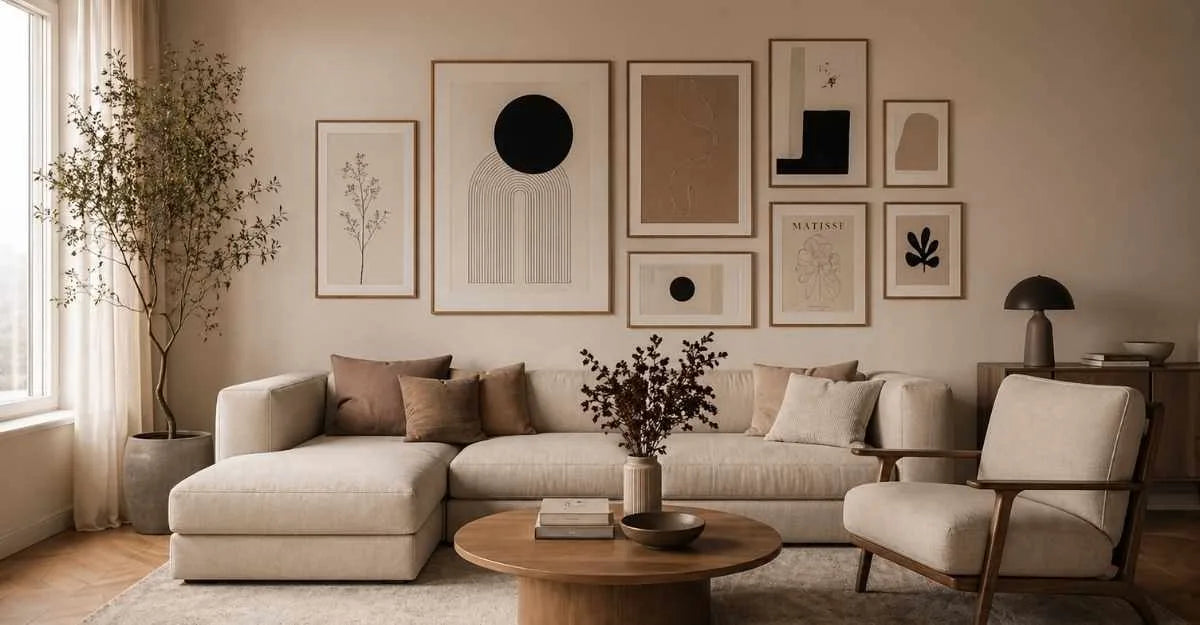 modern minimalist living room with gallery wall of framed posters above sofa neutral interior design by Artinspirio