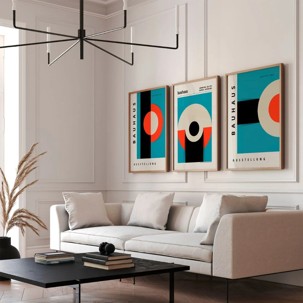 Modern Bauhaus wall art set of three prints featuring balanced geometric composition and clean lines