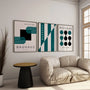 turquoise and deep green bauhaus poster set arranged in modern gallery wall