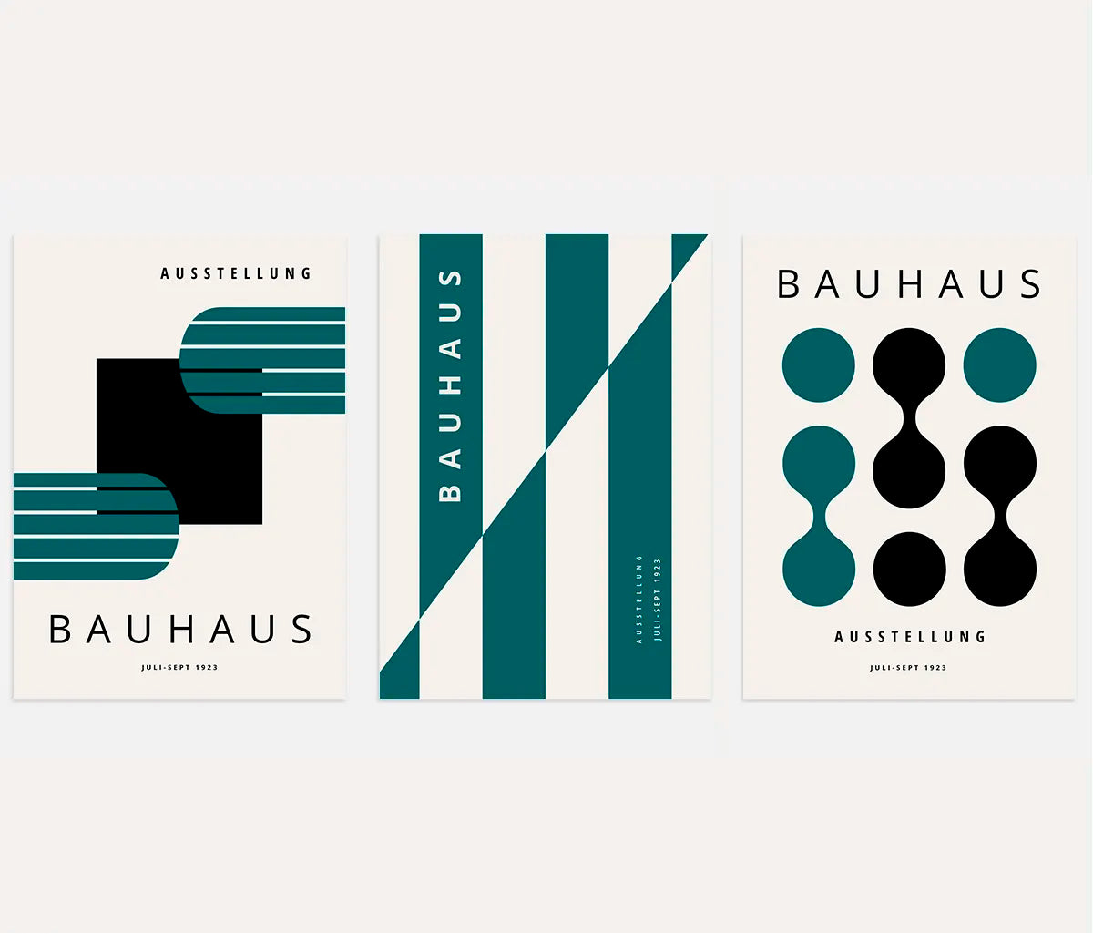 bauhaus poster set of 3 with turquoise and deep green geometric stripes and diagonal forms