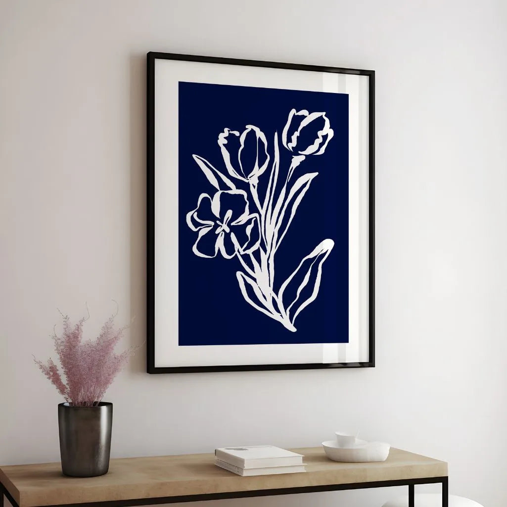 navy floral poster living room modern minimalist decor