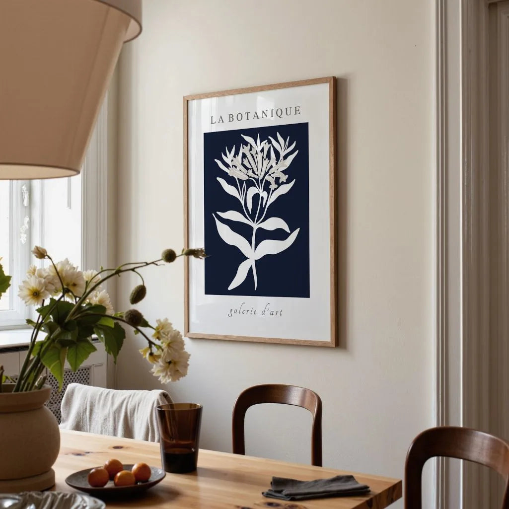 navy botanical silhouette poster living room modern decor
