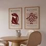 Set of 2 red abstract posters styled in modern living room with minimalist decor