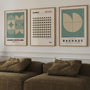 sage green and beige bauhaus geometric poster set arranged in modern gallery wall