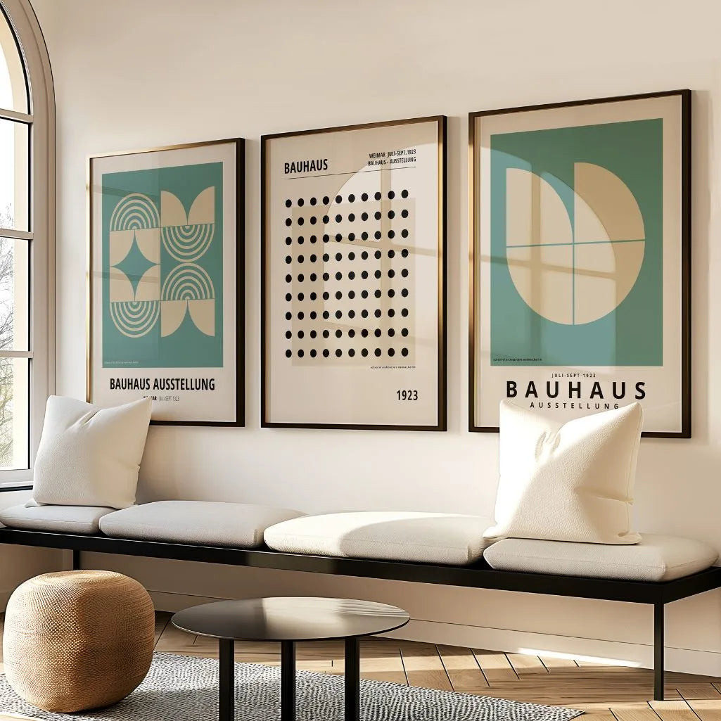 sage green and beige bauhaus wall art set in modern minimalist living room