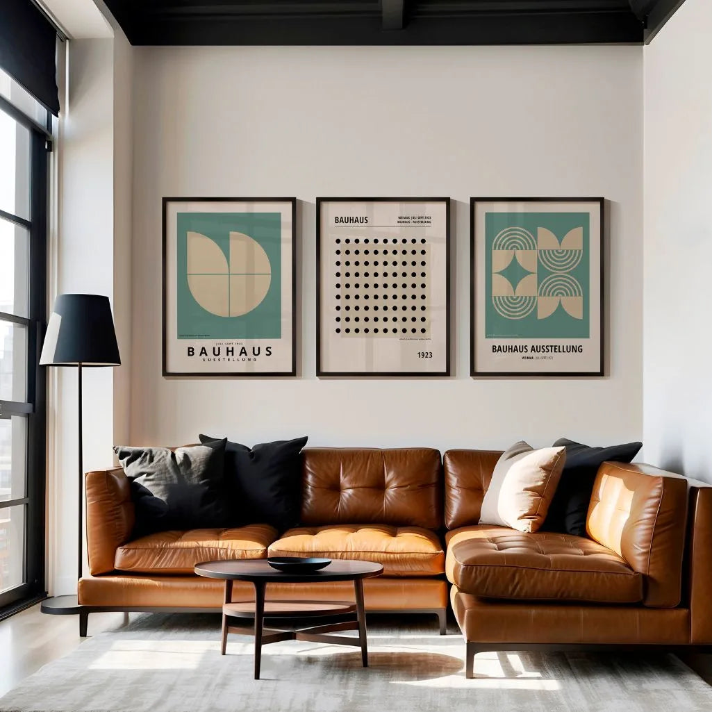 sage green geometric bauhaus poster set with dotted grid and arcs in office workspace