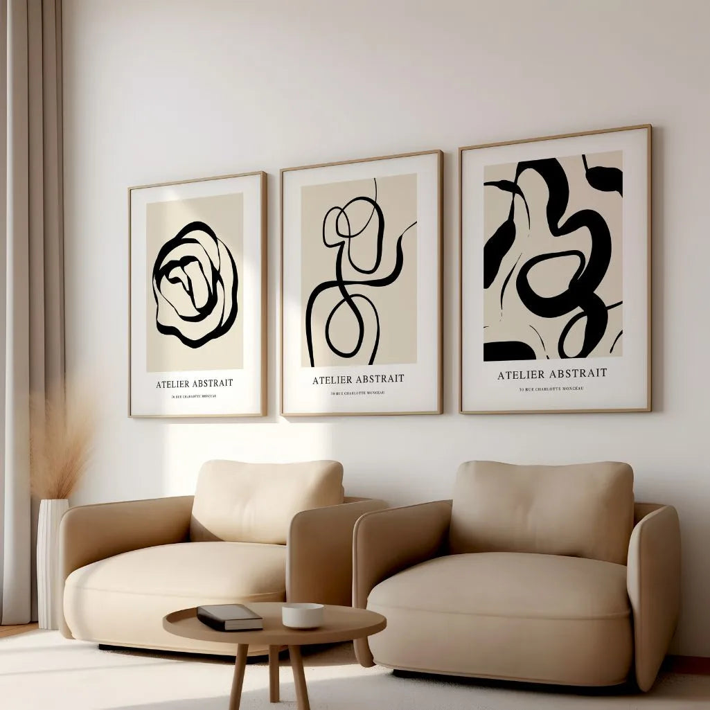 Scandinavian style line art poster set in neutral black and beige for calm interior