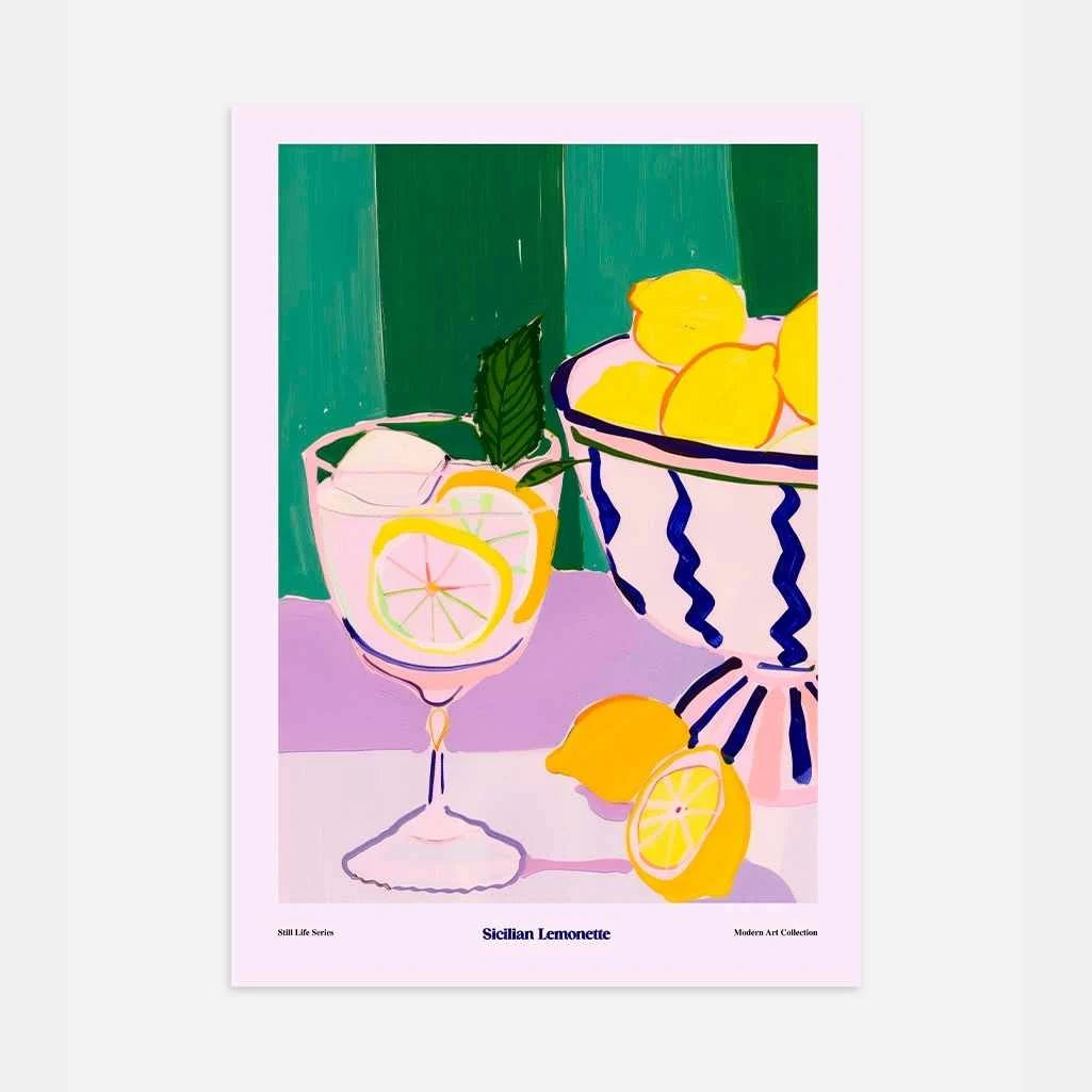 modern still life poster with lemons and citrus drink composition