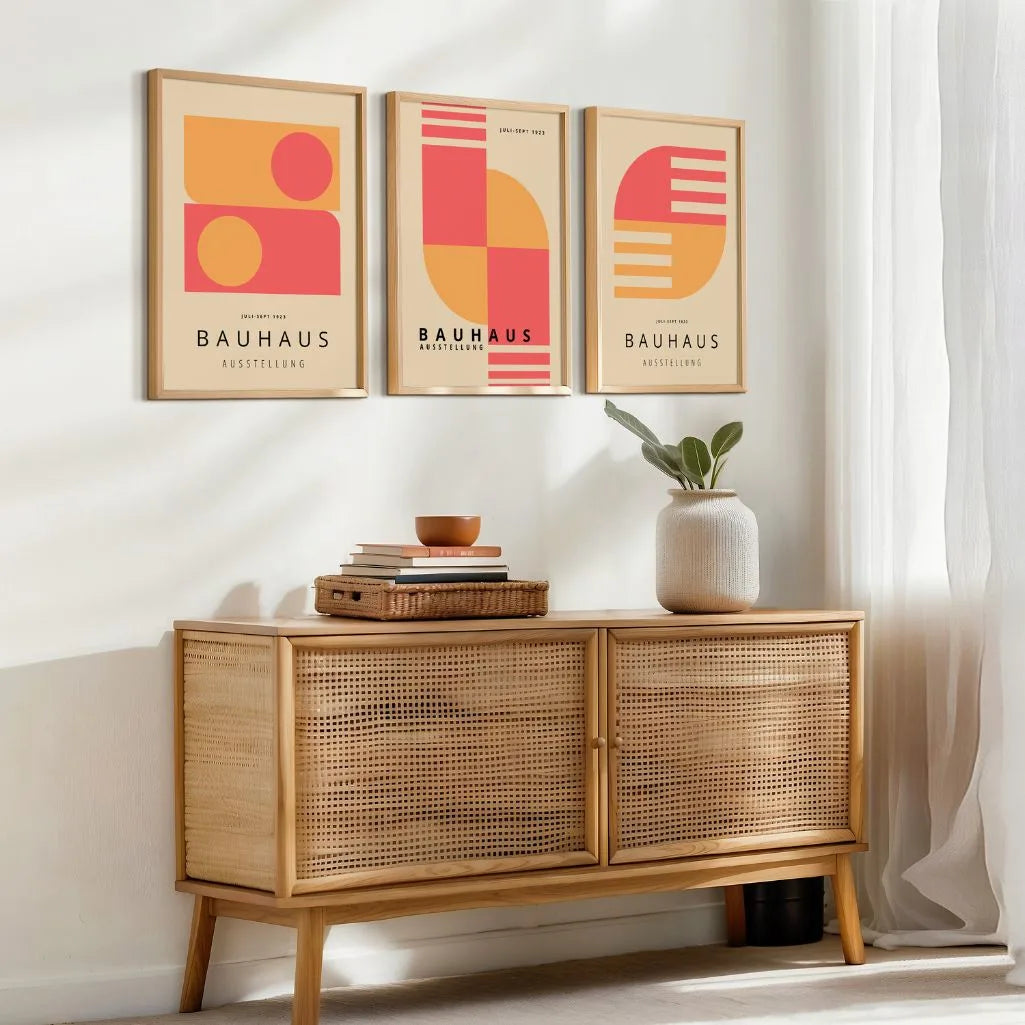soft bauhaus poster set of 3 arranged in modern gallery wall