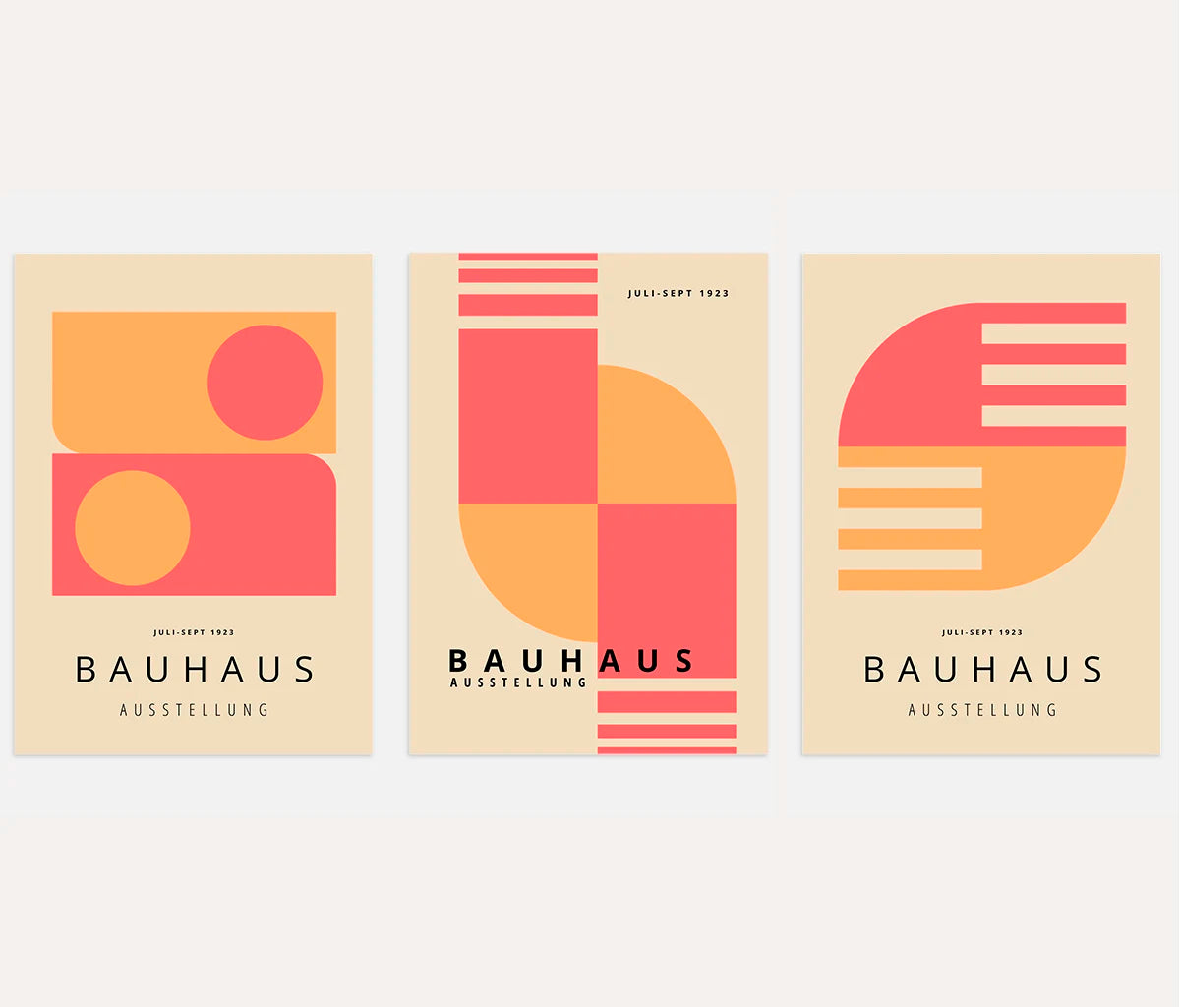 bauhaus poster set of 3 with soft rounded geometry in coral and beige