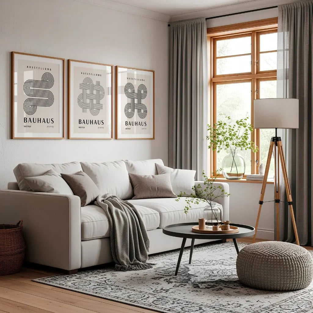 neutral beige and black geometric bauhaus poster set in contemporary office workspace