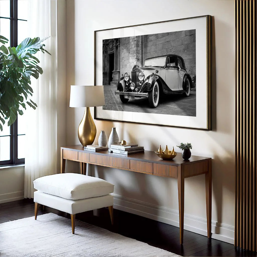 vintage car poster detail black white