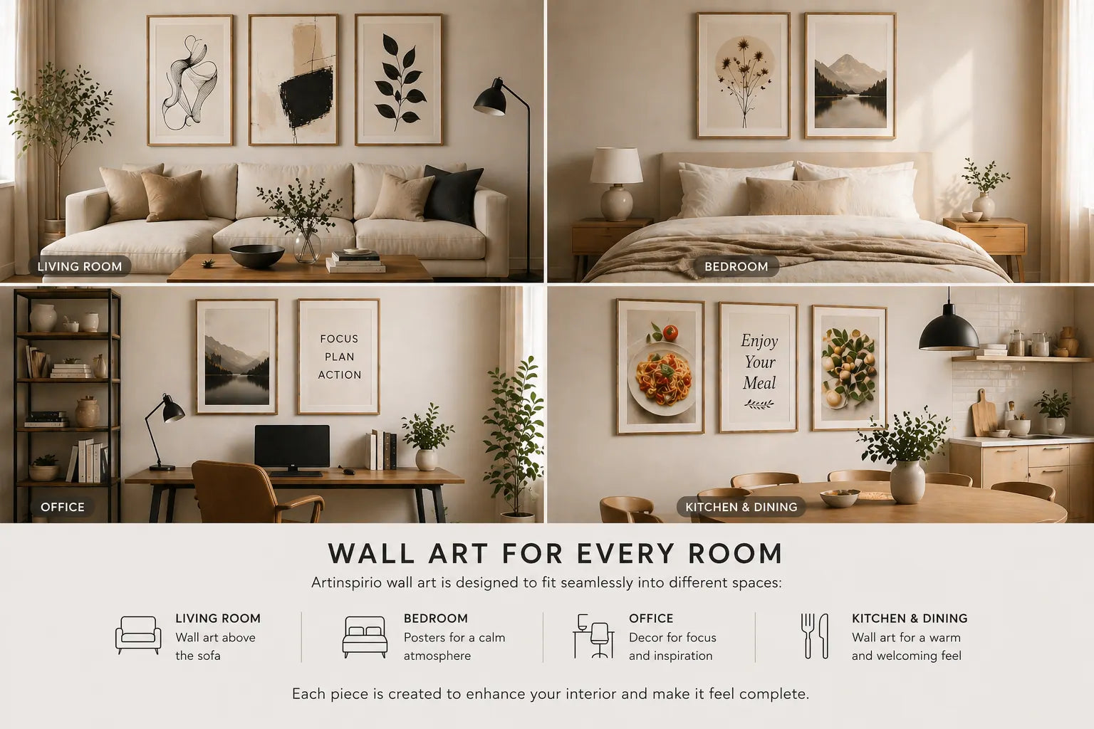 wall art for every room living room bedroom office and kitchen framed posters and canvas prints in modern interior