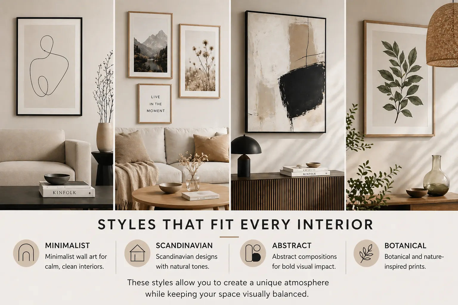 wall art styles minimalist scandinavian abstract and botanical posters in modern living room interior decor