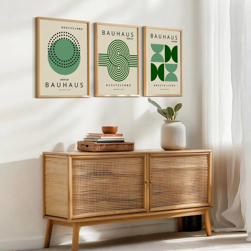 green bauhaus poster set styled in modern living room interior